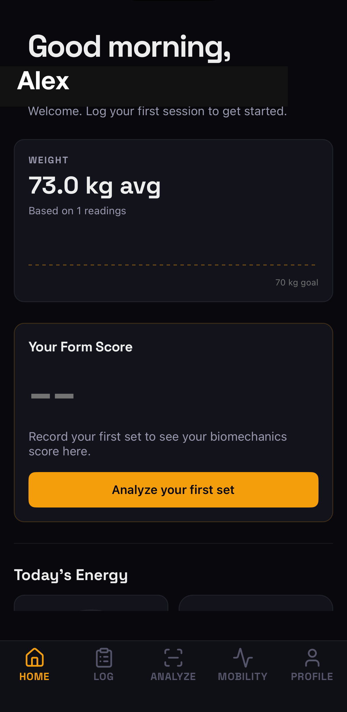 mytai app dashboard showing weight tracking, form score, and energy overview