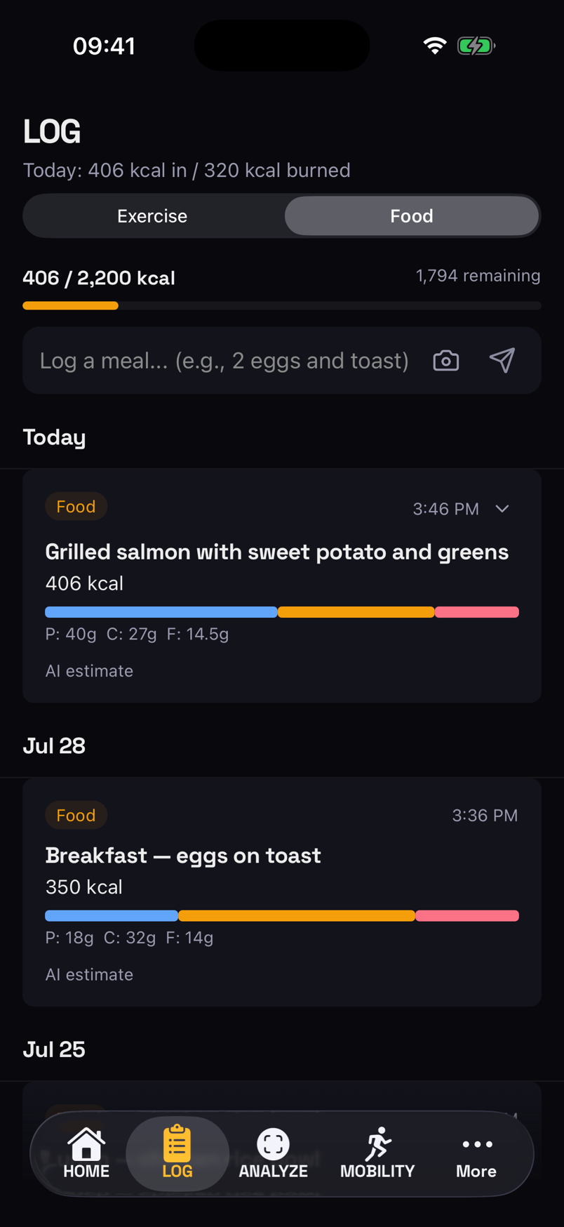 mytai food log screen showing a meal logged in plain English, grilled salmon with sweet potato and greens, AI-parsed to 406 kcal with macro bars