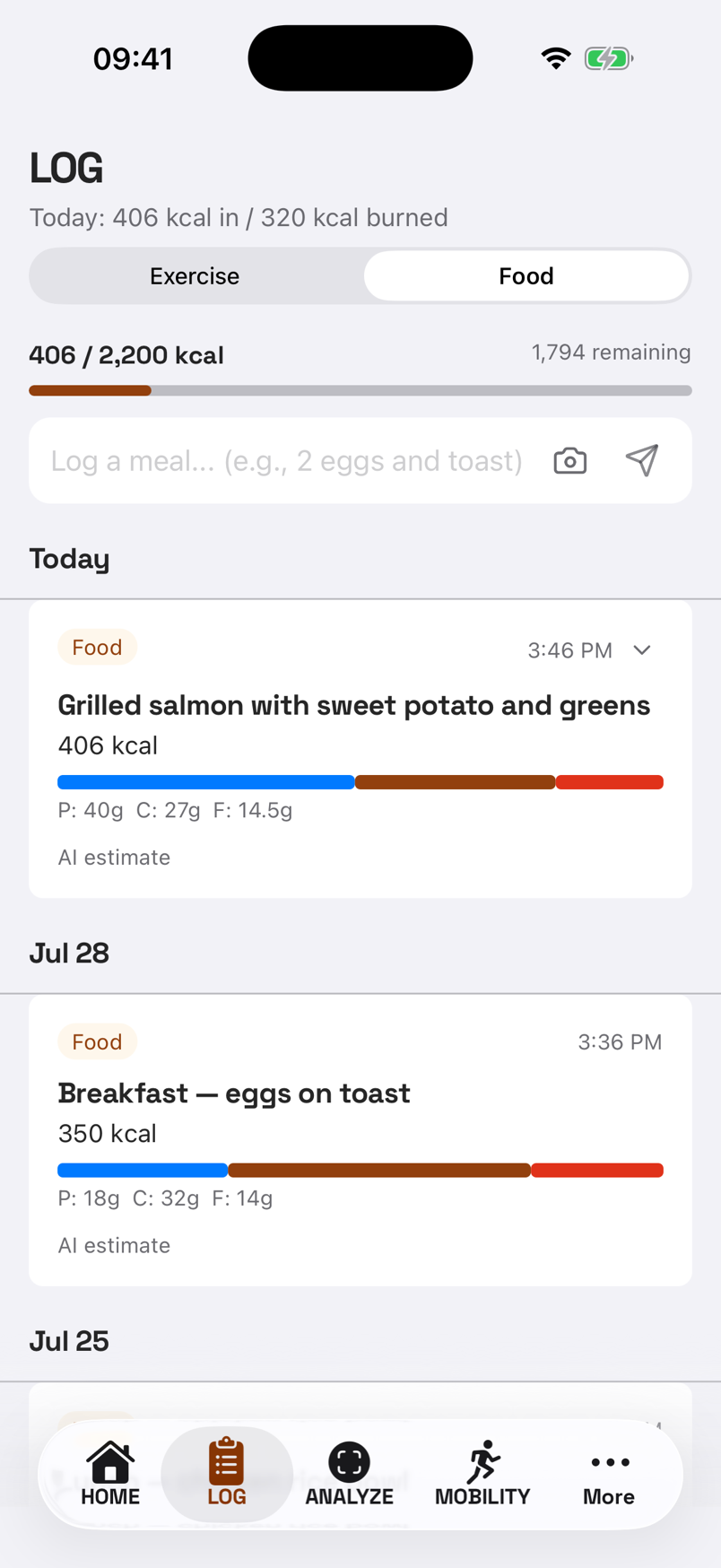 mytai food log screen showing a meal logged in plain English, grilled salmon with sweet potato and greens, AI-parsed to 406 kcal with macro bars